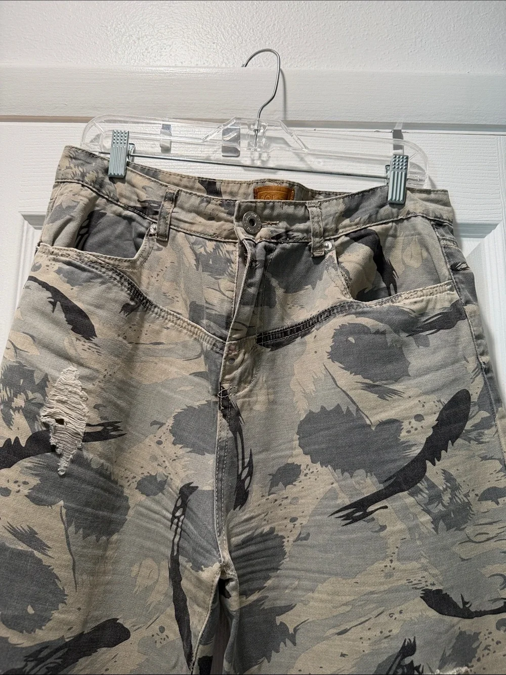 POL Distressed Wide-Leg Jeans with Gray Camouflage and Leopard Cuff - Picture 2 of 4